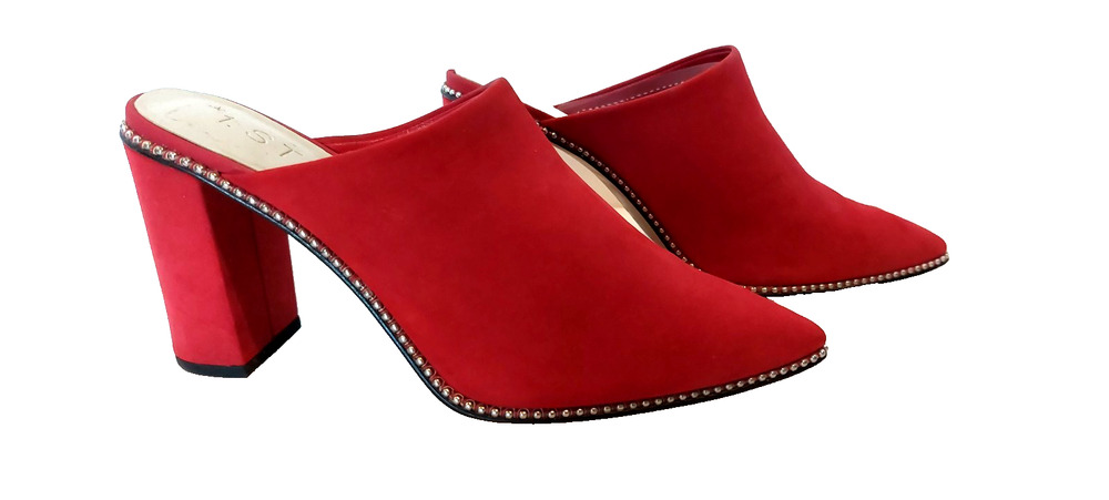 1. State Women's Red Suede Leather Studded Block Heel Mules Size 6.5 EUC
